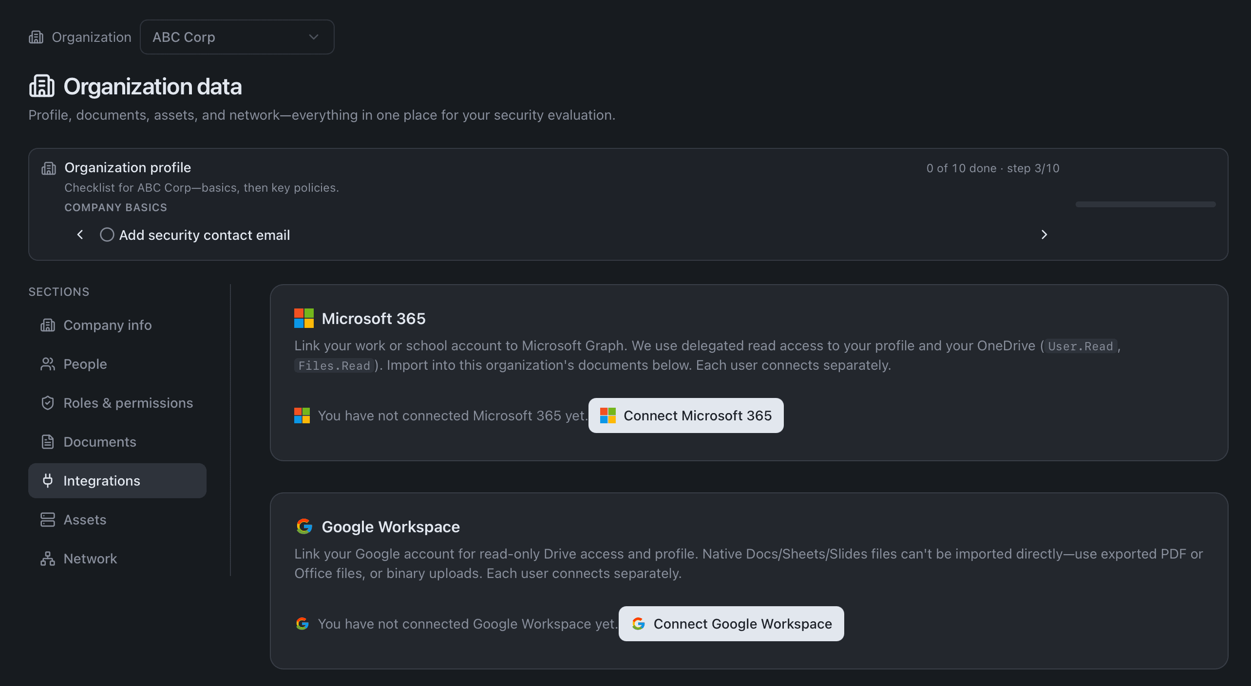 Organization profile and integrations