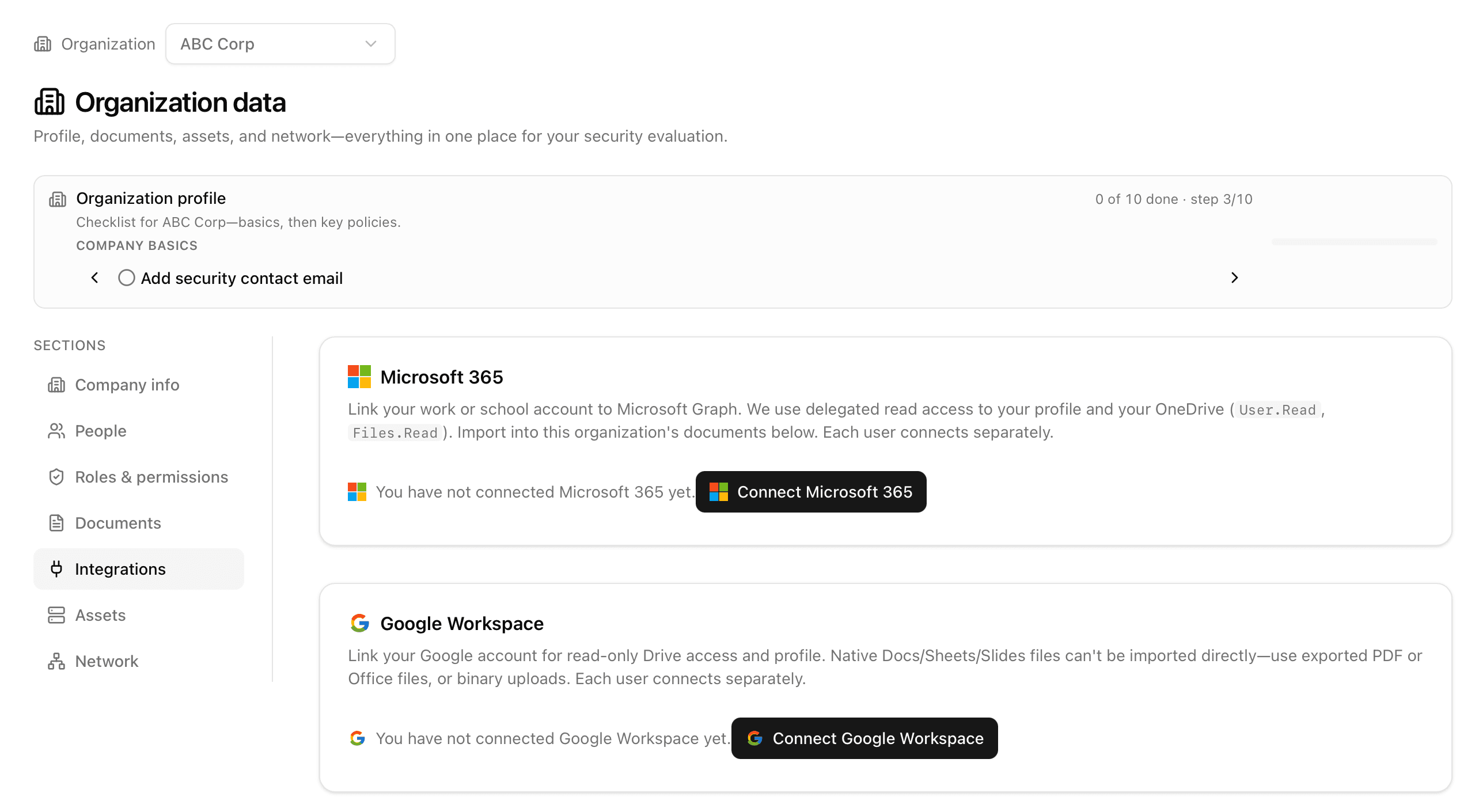 Organization profile and integrations